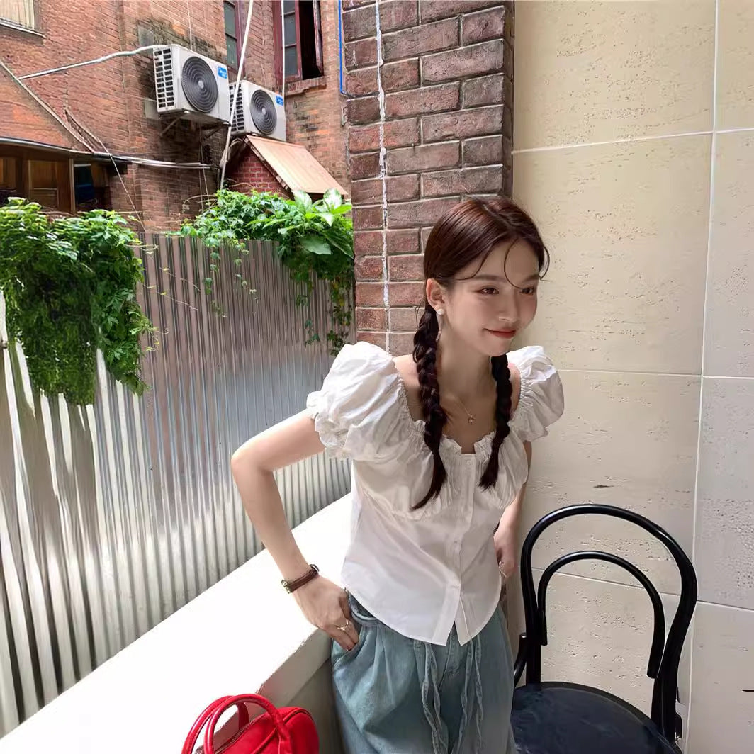 Summer Design Sense Wooden Ear Puff Sleeve Shirt