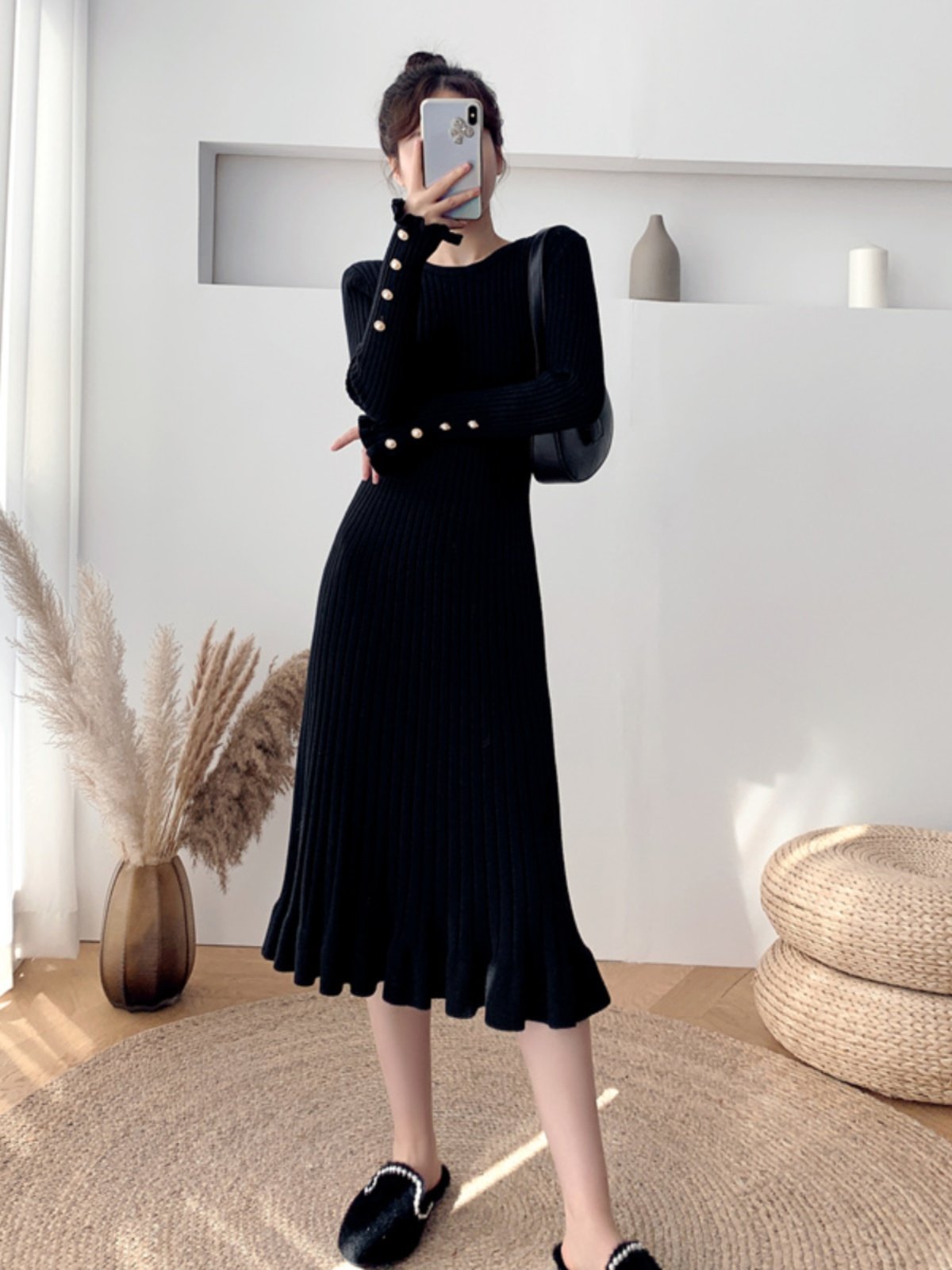 Thickened Mid-Length Crew-Neck Loose-Fit Warm Knitted Womens Dress