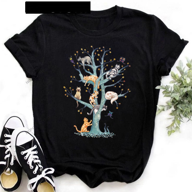 T-shirt med sødt sort print med tegneseriekatte- og hundepoter
