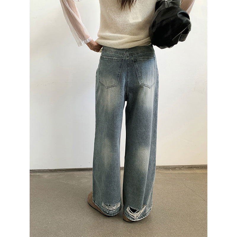 Straight Ripped Jeans Lazy And Versatile