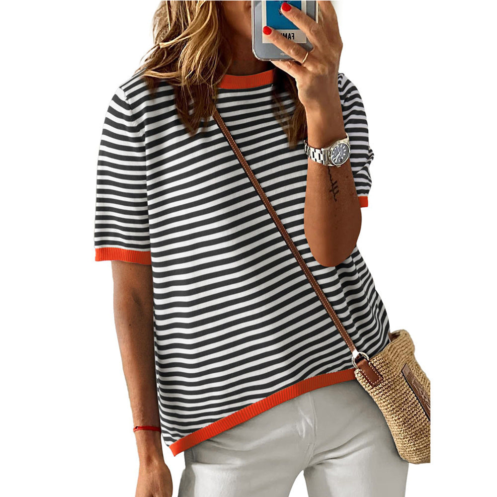 Women's Round Neck Striped Contrast Color Short Sleeve Casual