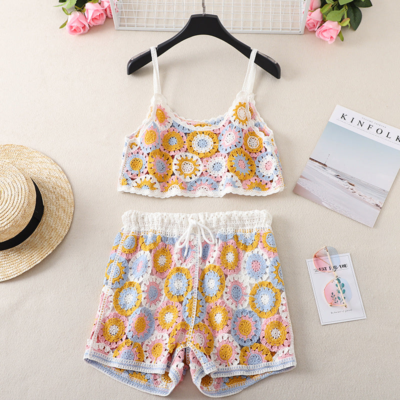 Top High Waist Embroidery Shorts Two-piece Set