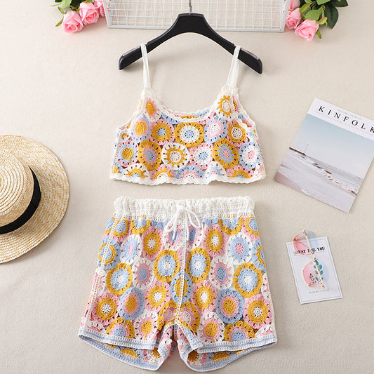 Top High Waist Embroidery Shorts Two-piece Set