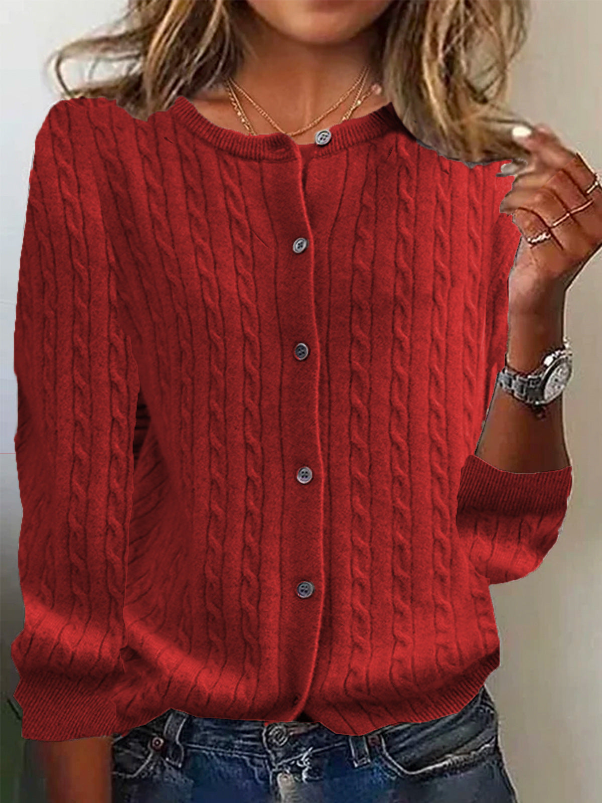 Womens Andi Fleece Crew-Neck Knitted Linen-Flower Cardigan Sweater