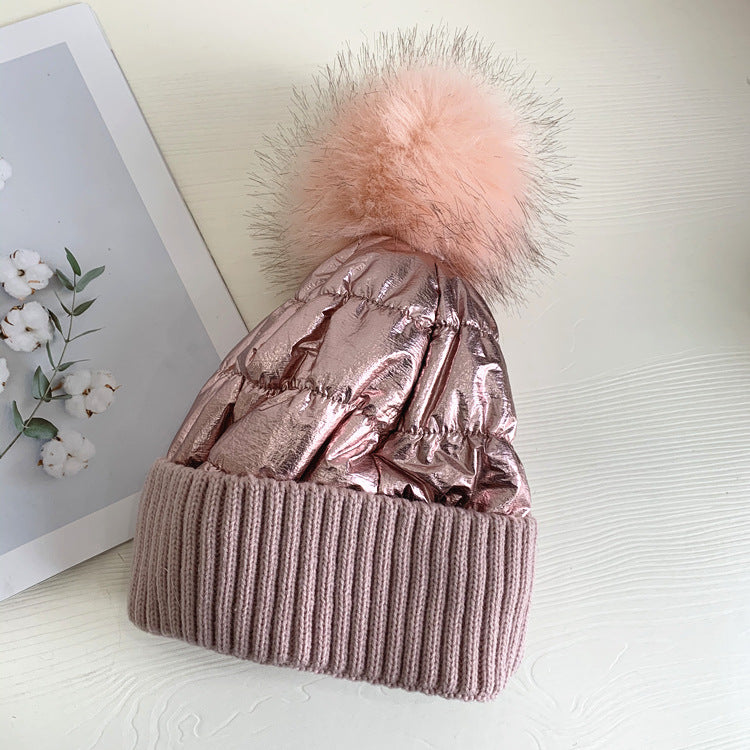 Women's Down Shiny Knit Hat With Fur Ball