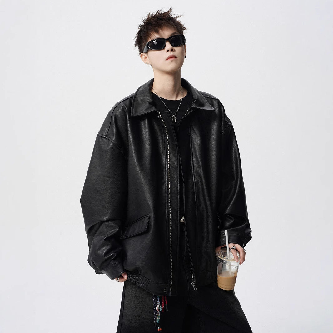 Mens Heavy Weight Retro American High-street Biker Leather Jacket For Spring