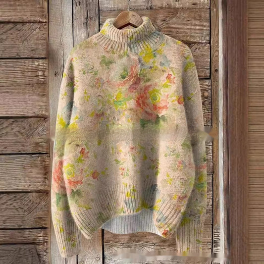 Printing Casual Cloak Turtleneck Pullover Women Abstract