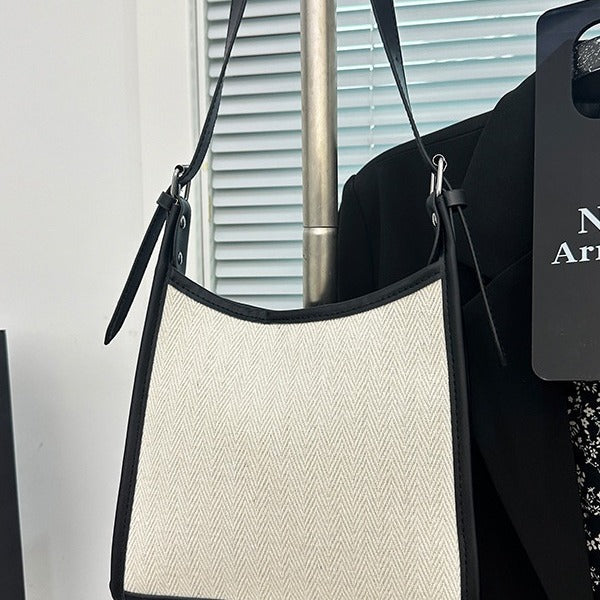 Korean Style All-match Stitching Canvas Underarm Bag Large Capacity