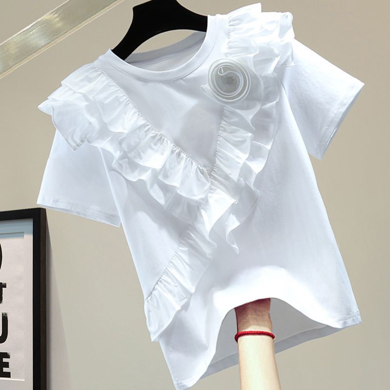 Women's Loose Slimming Flounce All-match Solid Color Short Sleeve