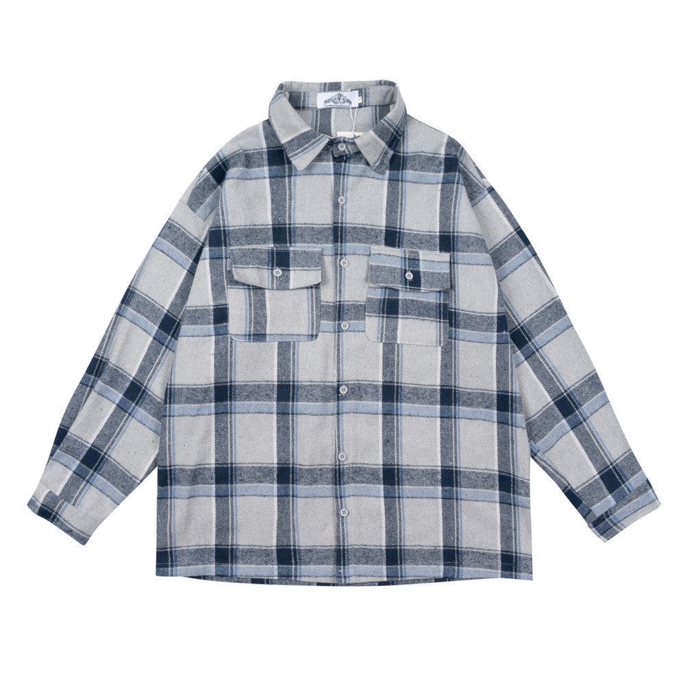 Plaid Men's Long-sleeved National Fashion Loose Pockets Stylish Shirt Coat