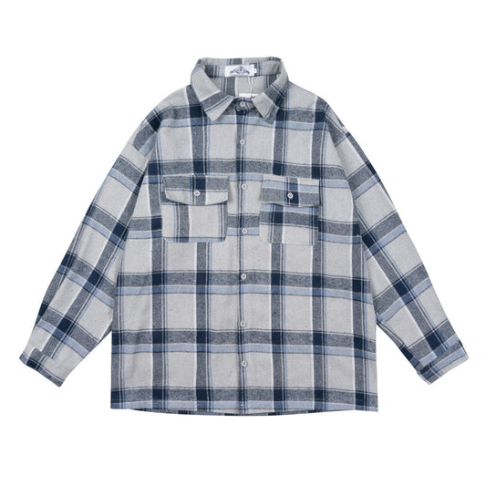 Plaid Men's Long-sleeved National Fashion Loose Pockets Stylish Shirt Coat