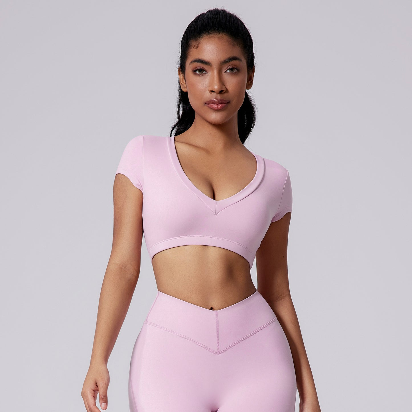 Brushed Tight Short T Deep V Shaping Back Hollow Sexy