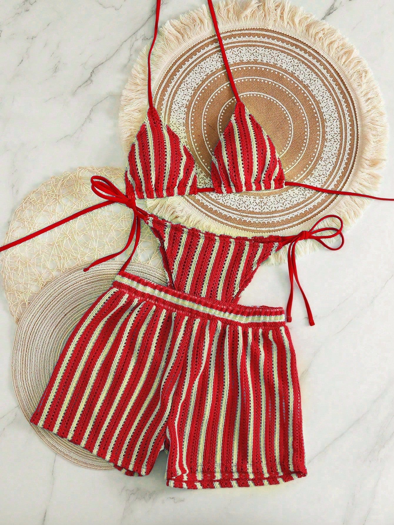 Womens Sexy Woven Bohemian Bikini Three-Piece Set