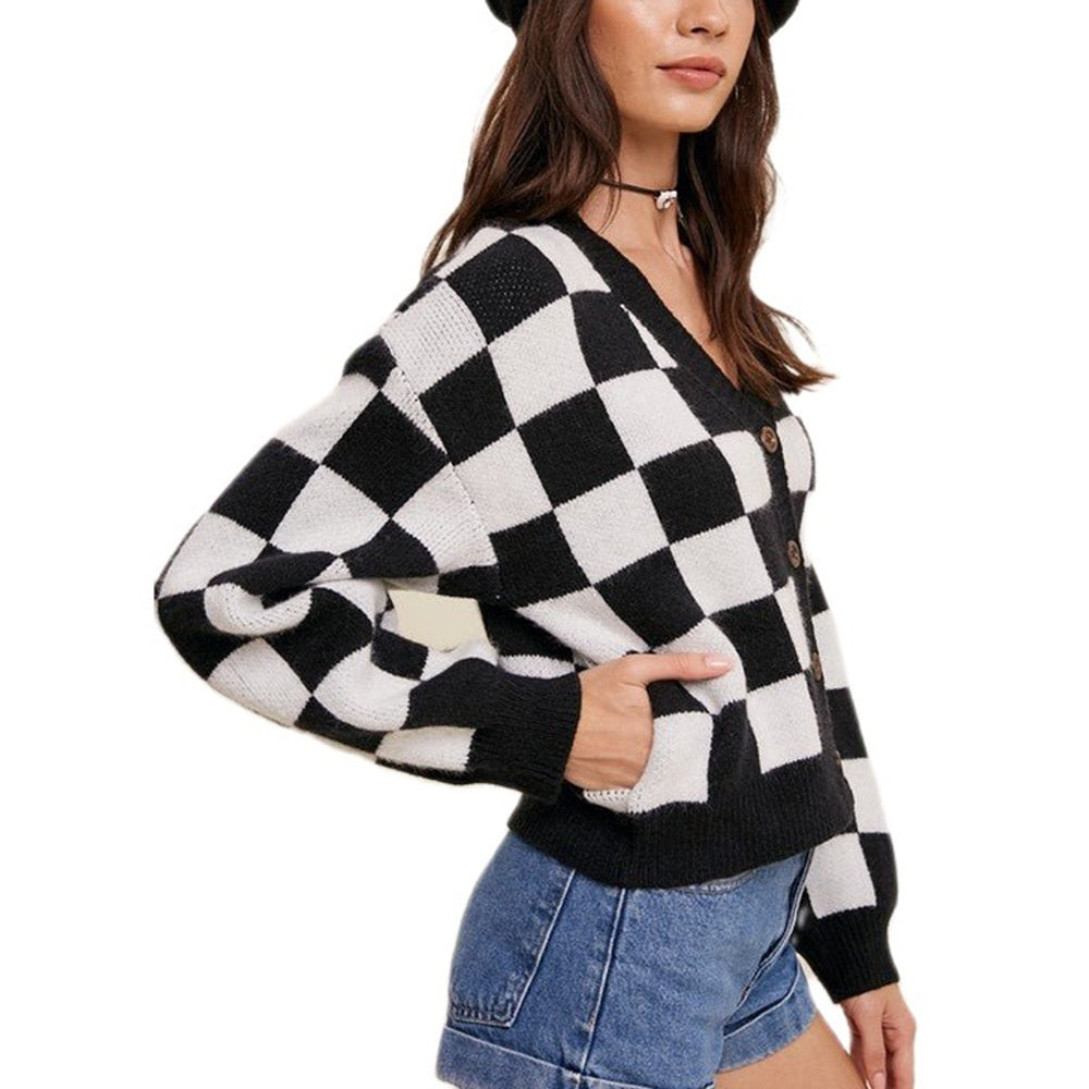 Women's Single-breasted Plaid Commuter Chanel Style Long Sleeve Sweater