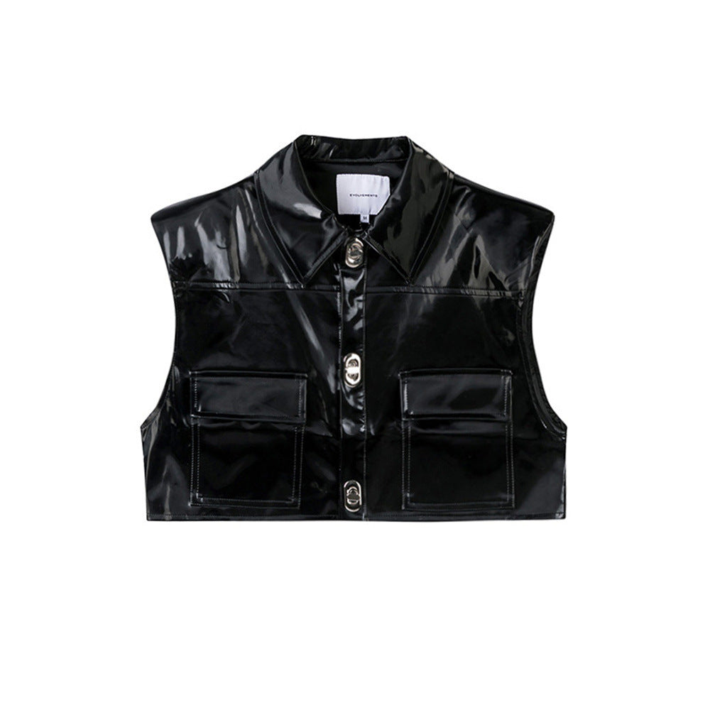 UP Leather Coat Padded Shoulder Glossy Half-length Vest Men's Lapel Metal Buckle Cardigan Vest Jacket Short