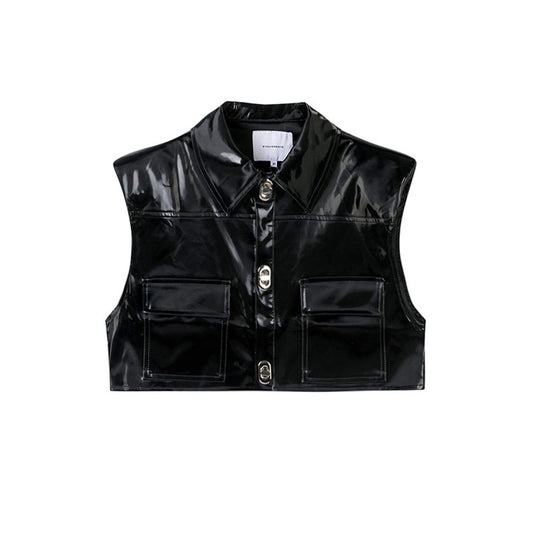 UP Leather Coat Padded Shoulder Glossy Half-length Vest Men's Lapel Metal Buckle Cardigan Vest Jacket Short