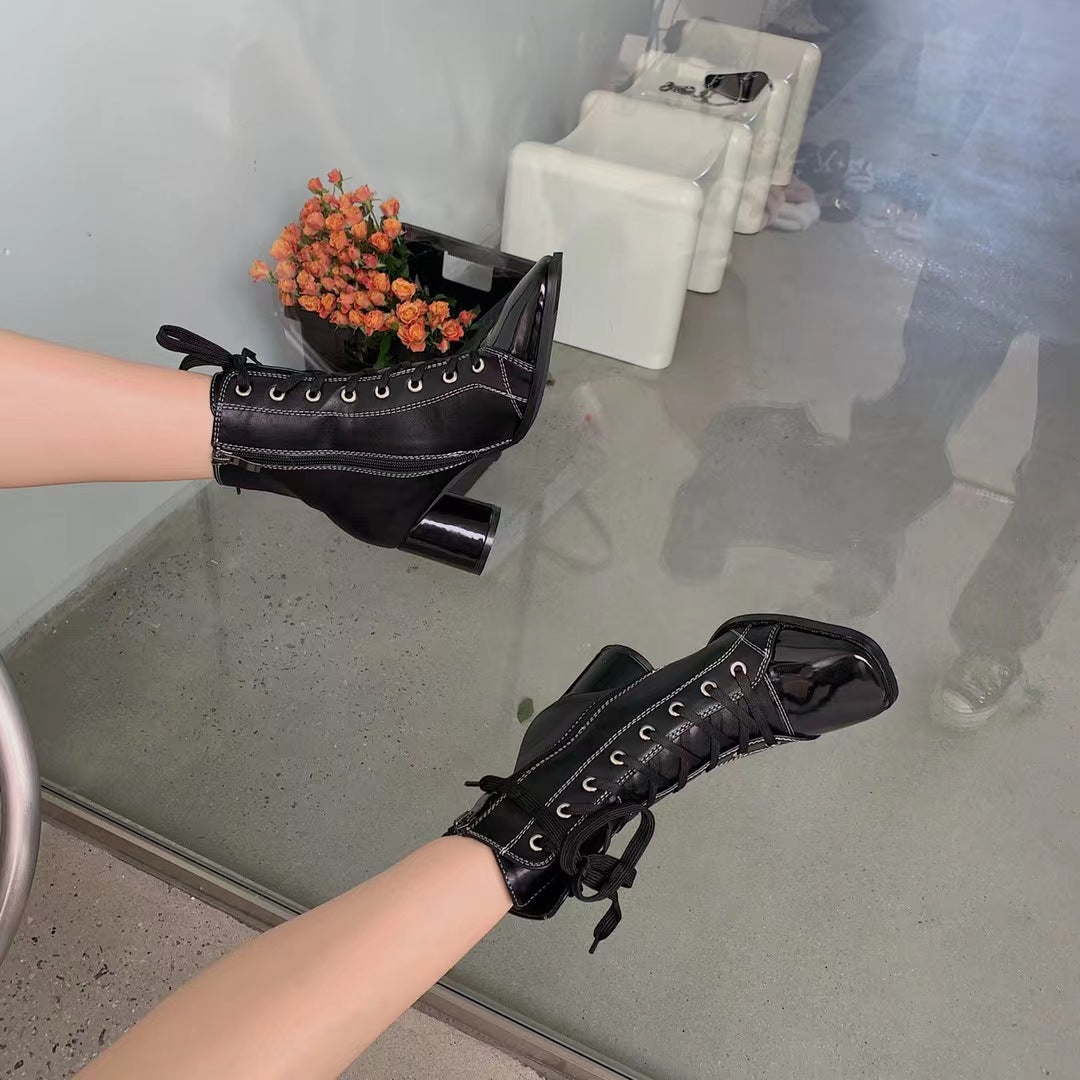 Women's New Square Toe Thick High-heeled British Style Martin Boots