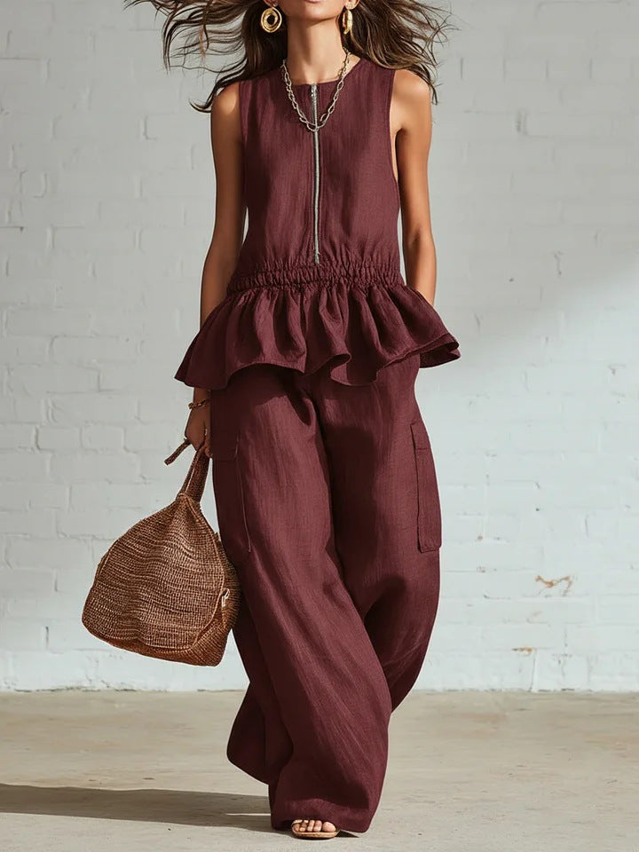 Summer Sleeveless Pleated Tank Top And Wide Leg Pants Set For Women