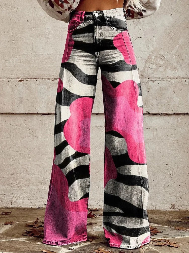 Lightweight Faux Denim Pants With Wide Legs And 3D Print