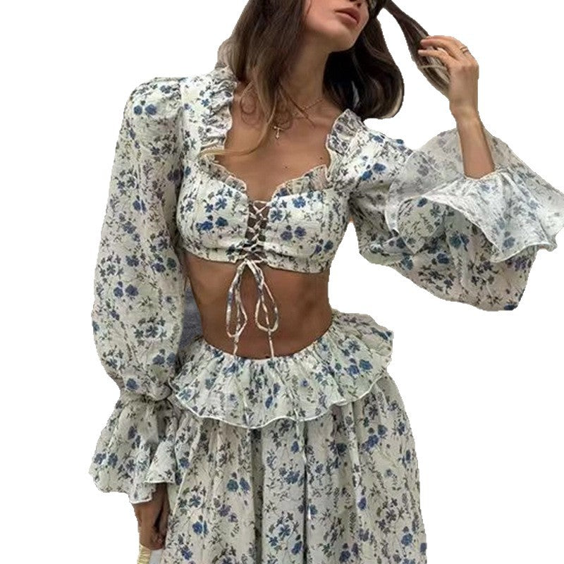 Floral Print Long Sleeve Waist Drawstring Floral Pants Two-piece Set