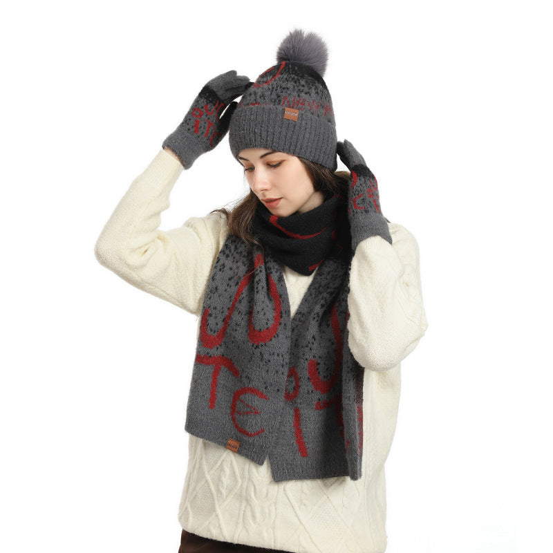 Ladies Jacquard Thickened Faux Mink Scarf Hat Gloves Three-Piece Set