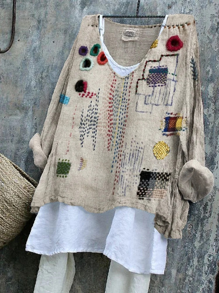 SpringSummer V-neck Long-sleeve Shirt Artistic Retro And Relaxed-fit