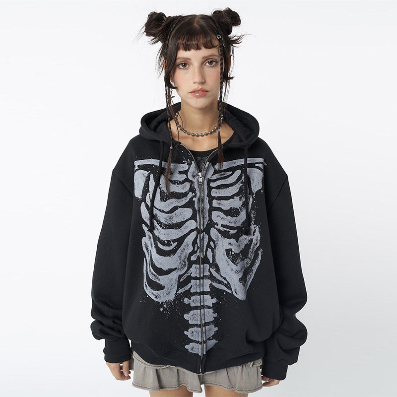 Skeleton Long Sleeve Round Neck Cardigan Printed Loose Sweatshirt
