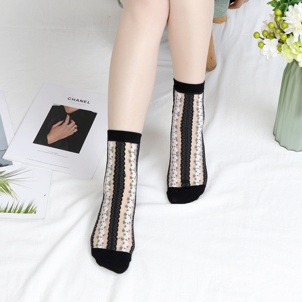 Women's Mid-calf Ins Fashionable Small Floral Transparent Spun Glass Summer Thin Stockings