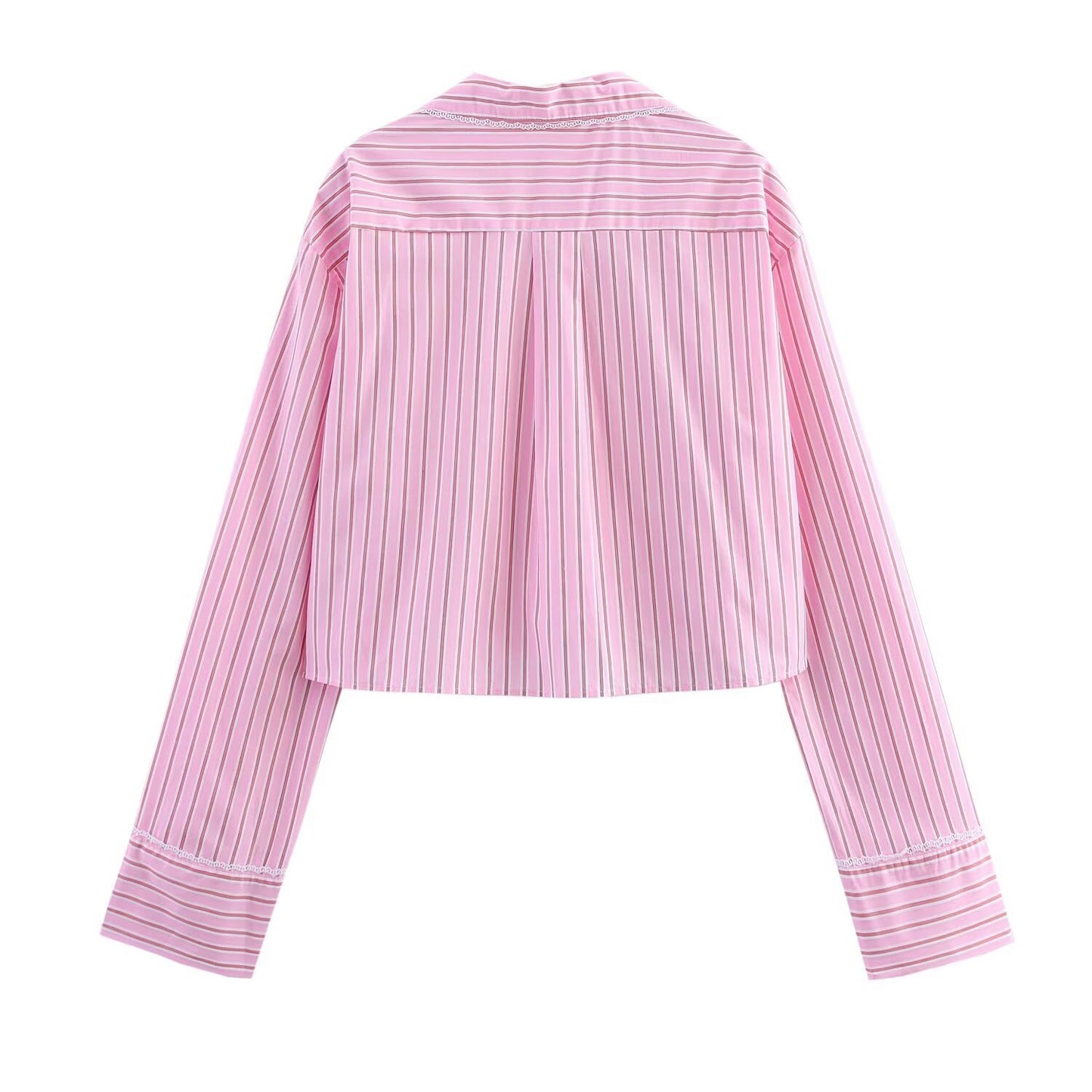 Women's Fashion Lapel Long-sleeved Pocket Striped Short Shirt