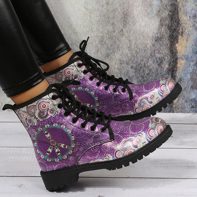 Winter Short Lace-up Soft Leather Printed Boots
