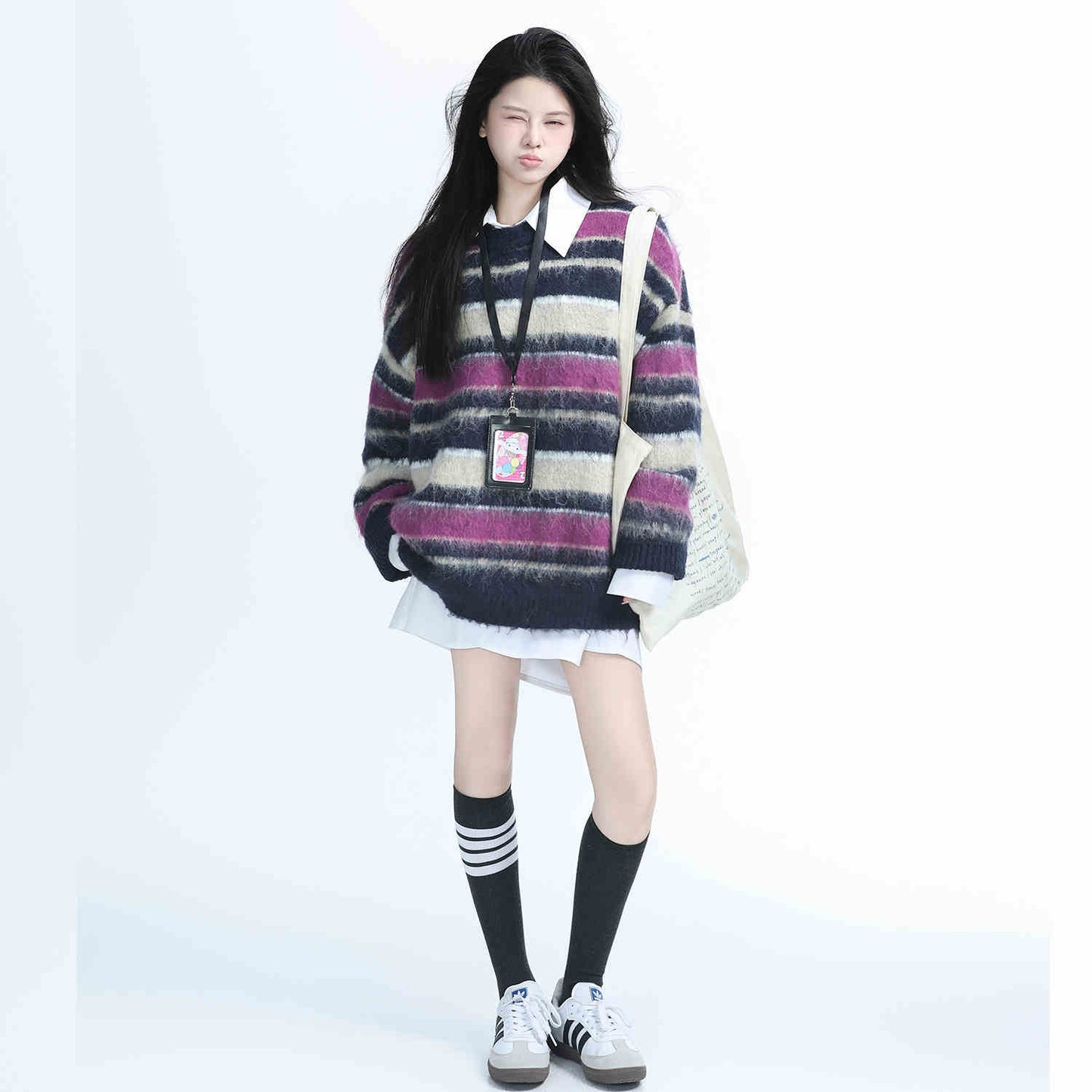 Original American Retro Contrast Color Striped Knitted Sweater For Women