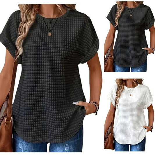 Solid Color Crew-neck Batwing Sleeve Shirt Top