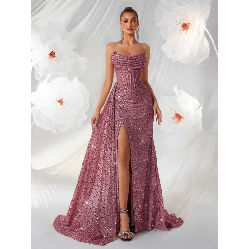 Womens Off-the-Shoulder Hollowed-Out Fishbone Pleated Dress