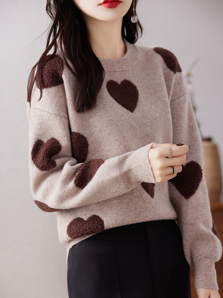 Round Neck Pullover Love Pure Wool Sweater Ladies