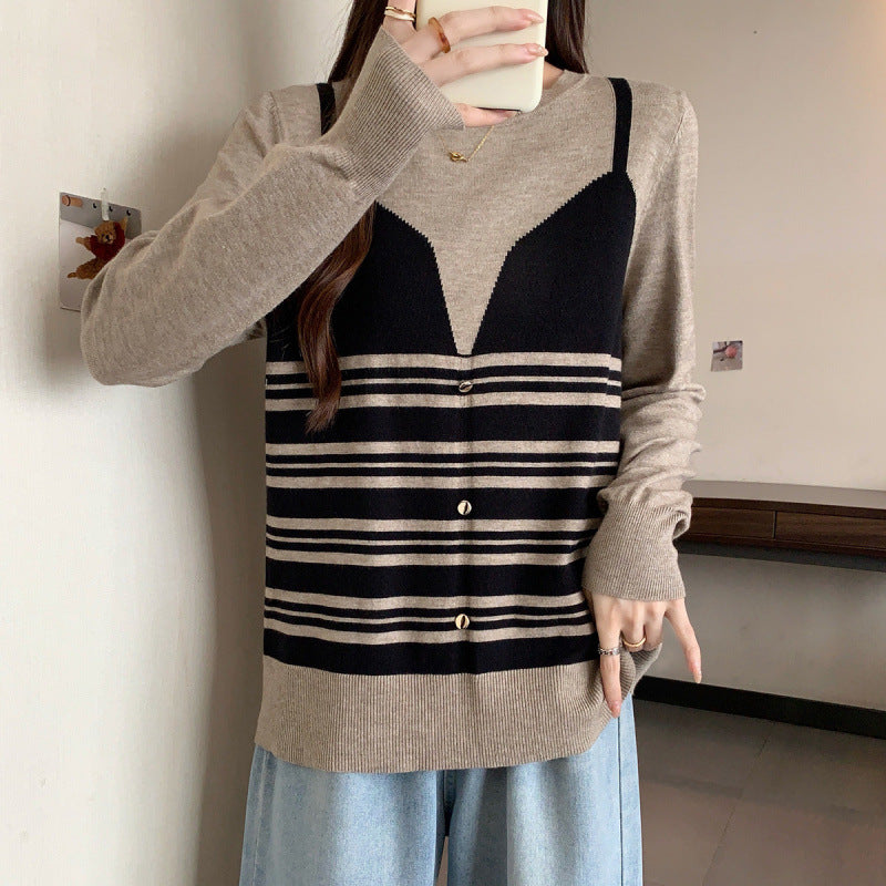 Plus Size Contrast Color Striped Fake Two Pieces Sweater