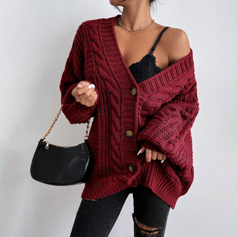 V-hals Sweater Dame Retro Fashion Løs Twist Strikket Jakke