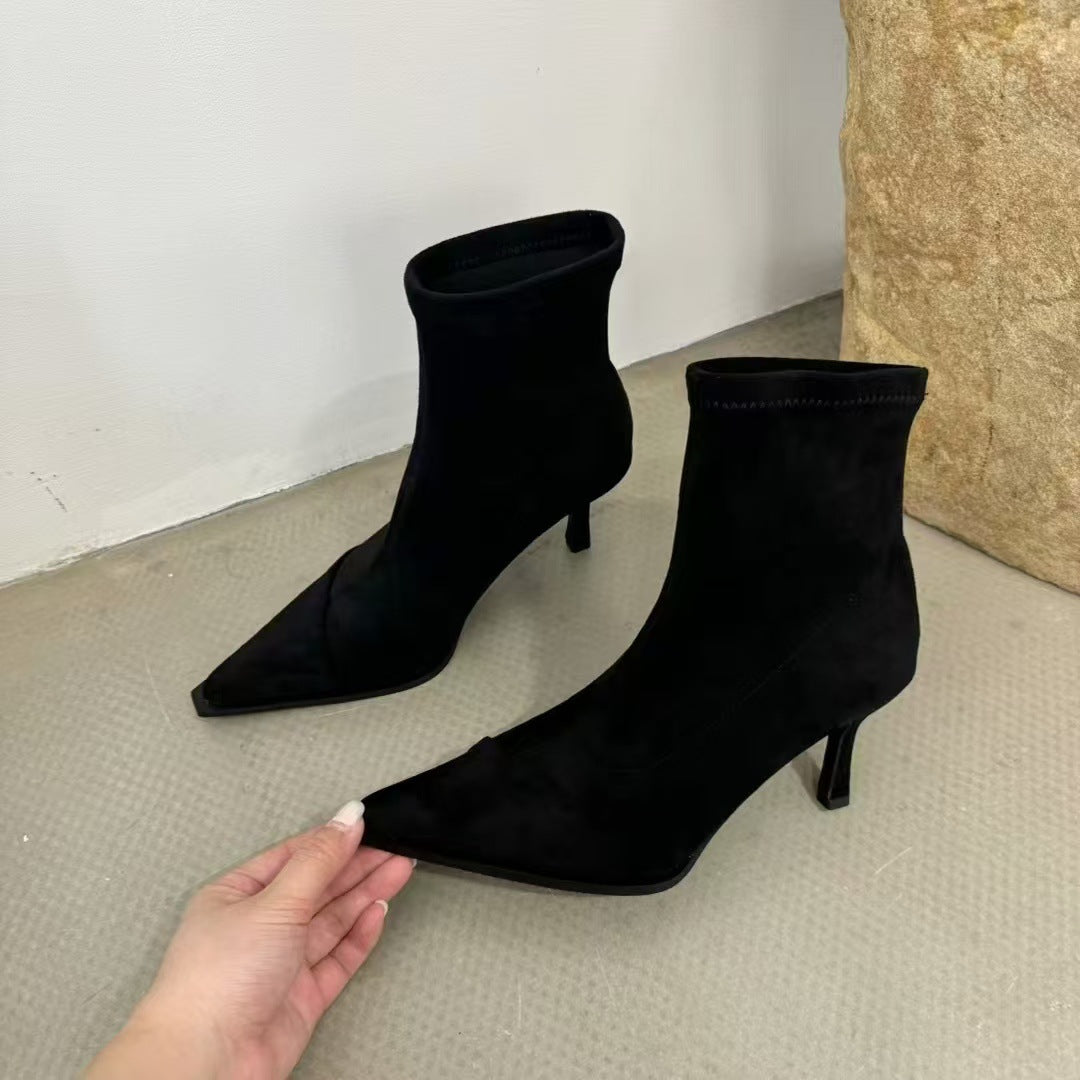 Suede Leopard-print Patchwork Stretch Slim Boots European And American-style Stiletto Short Boots
