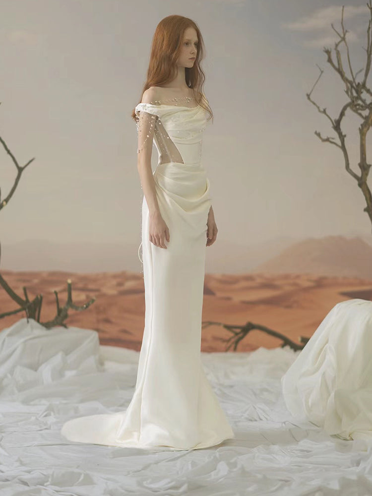 White Simple Outerwear Yarn Satin Off-shoulder Fishtail Dress