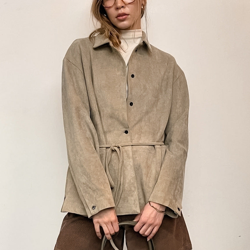 Notched-collar Cinched-waist Figure-flattering Belted Coat