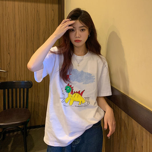 Cartoon Childlike Dinosaur Print T-shirt Women