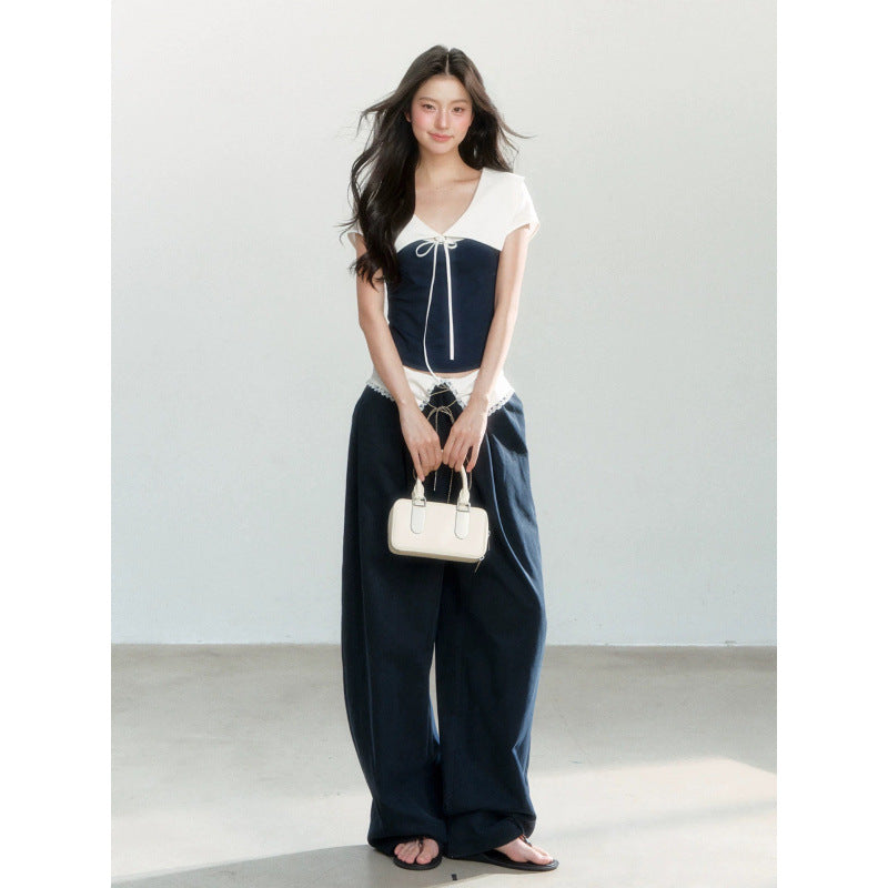 Loose Leisure All-matching Thin T-shirt Purplish Blue Stitching Outerwear Top