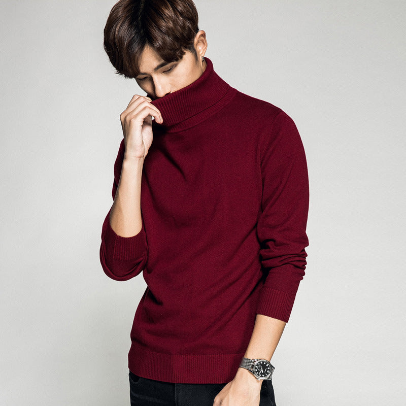 Ensfarvet Langærmet Turtleneck Pullover Mænds Basistrøje