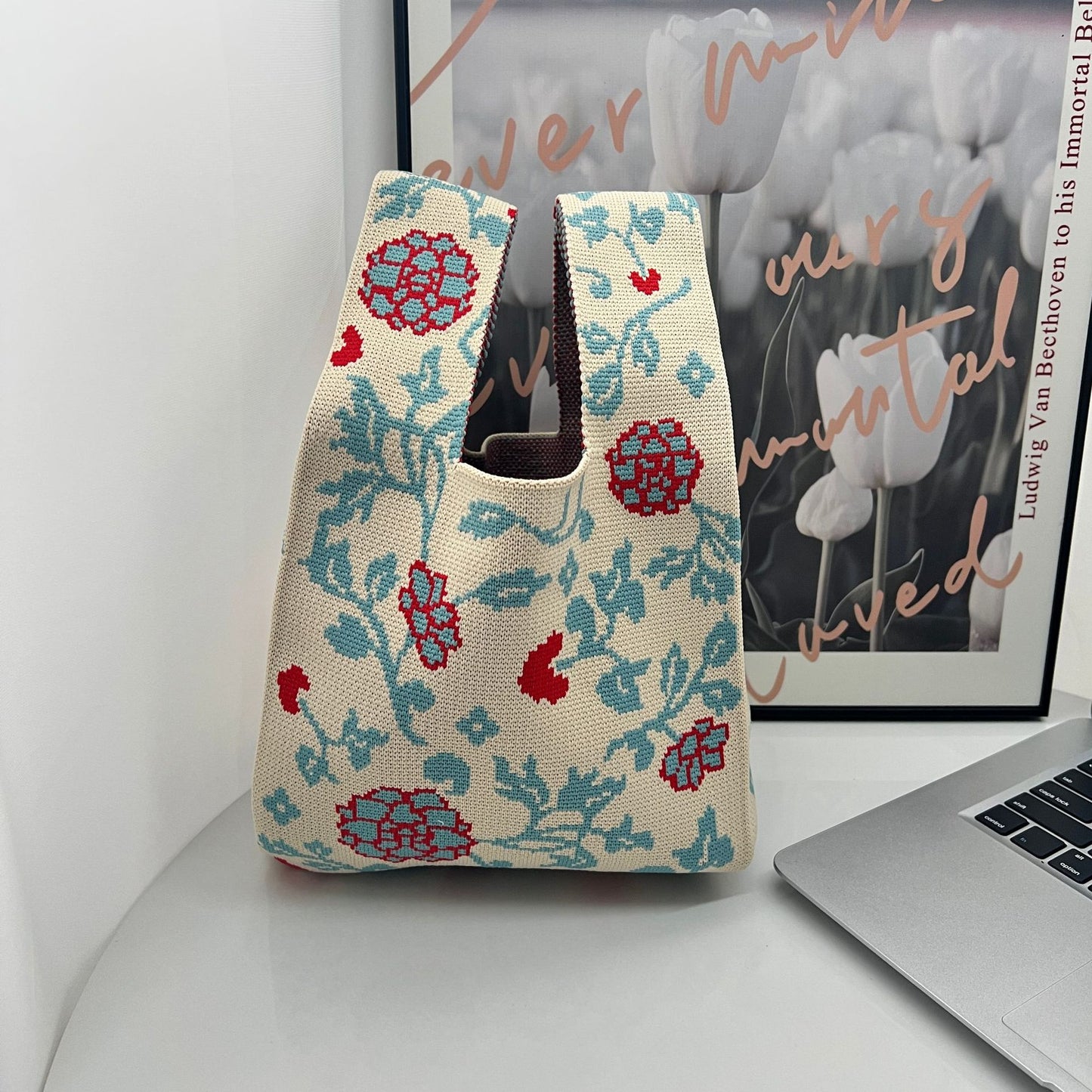 Girl's Floral Patchwork Knitted Handbag One Shoulder Knitted