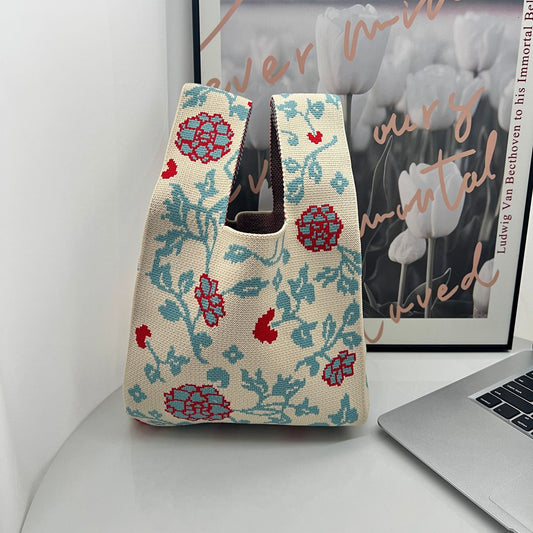 Girl's Floral Patchwork Knitted Handbag One Shoulder Knitted