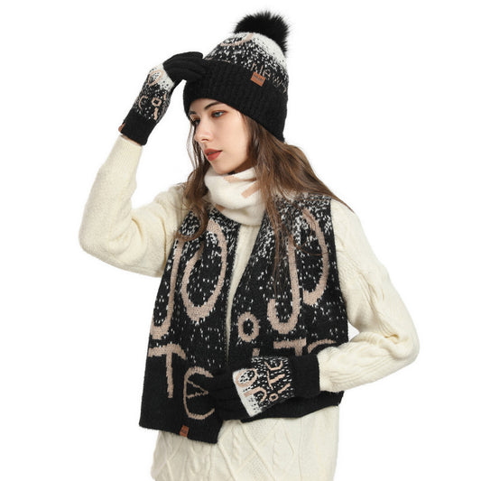 Ladies Jacquard Thickened Faux Mink Scarf Hat Gloves Three-Piece Set