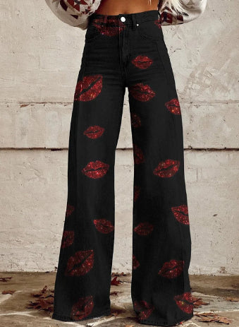 3D Thermal Transfer Bell-bottom Pants Simulation Denim Trousers