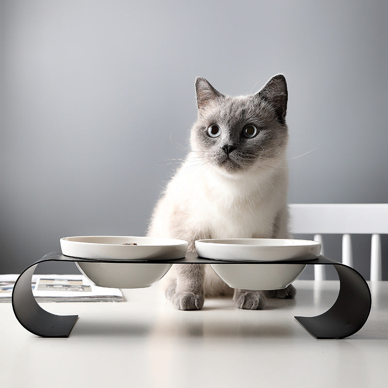 Double Bowl Dog Bowl Iron Frame Protect Spine Ceramic Bowl Set