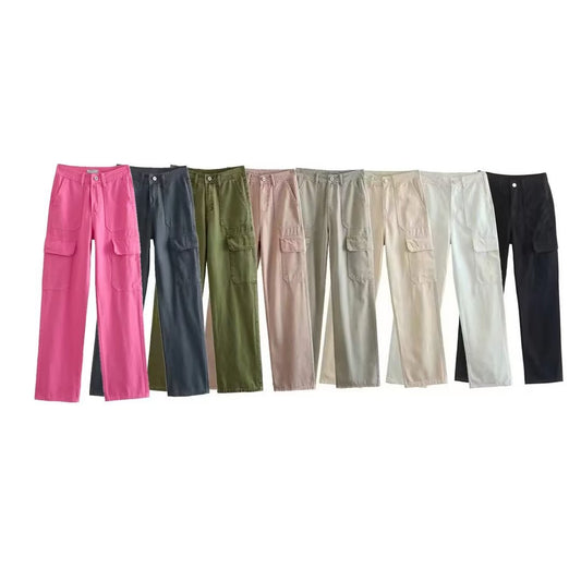 Women's Straight Solid Color Pocket Loose Casual Pants