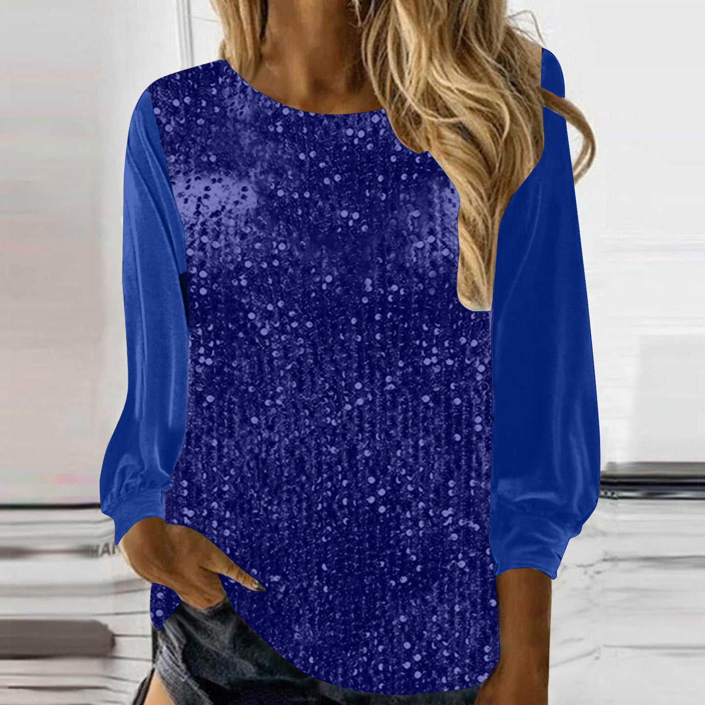 European And American Women's Clothing Casual Round Neck Long Sleeve Pullover Loose Sequins Top