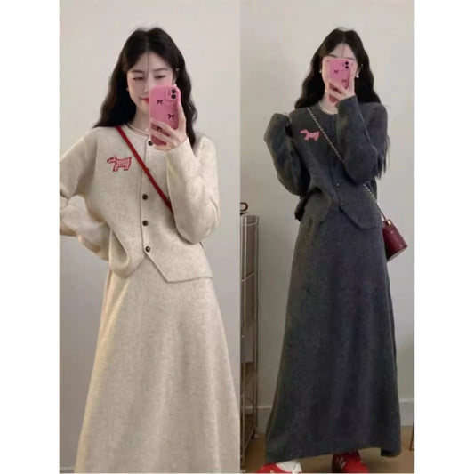 Spring Autumn New Stylish Commuter Slim Knit Cardigan And Long Skirt Two-Piece Set